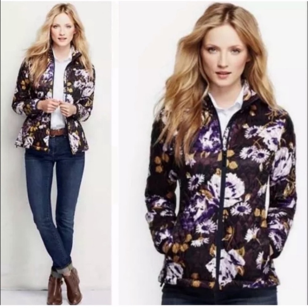 Lands End Floral Quilted Zip Front Jacket Size Small